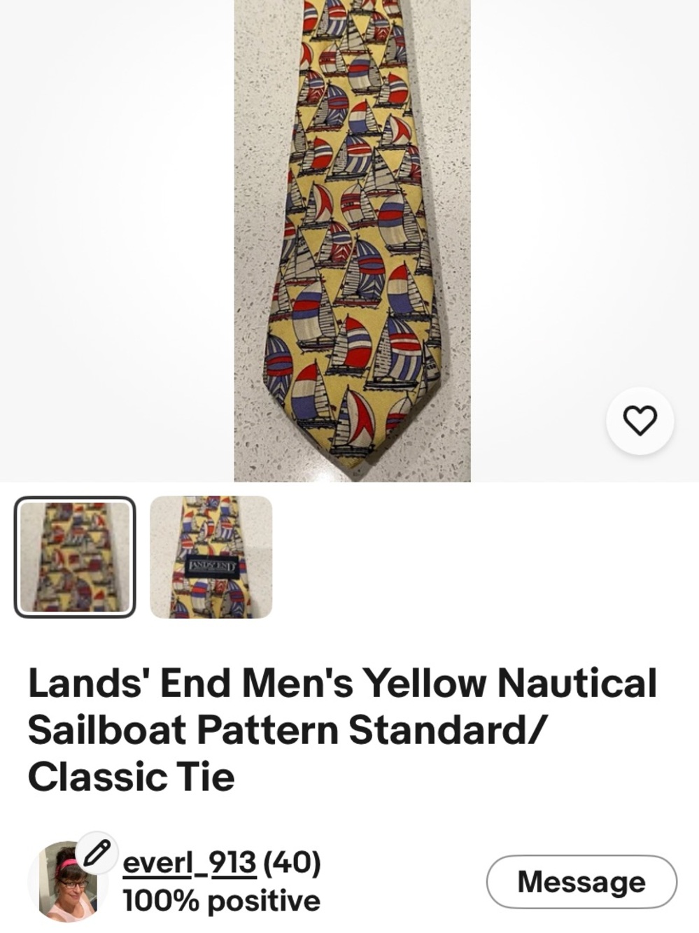 Lands' End Yellow Nautical Sailboat Pattern Tie with Red & Blue Accents